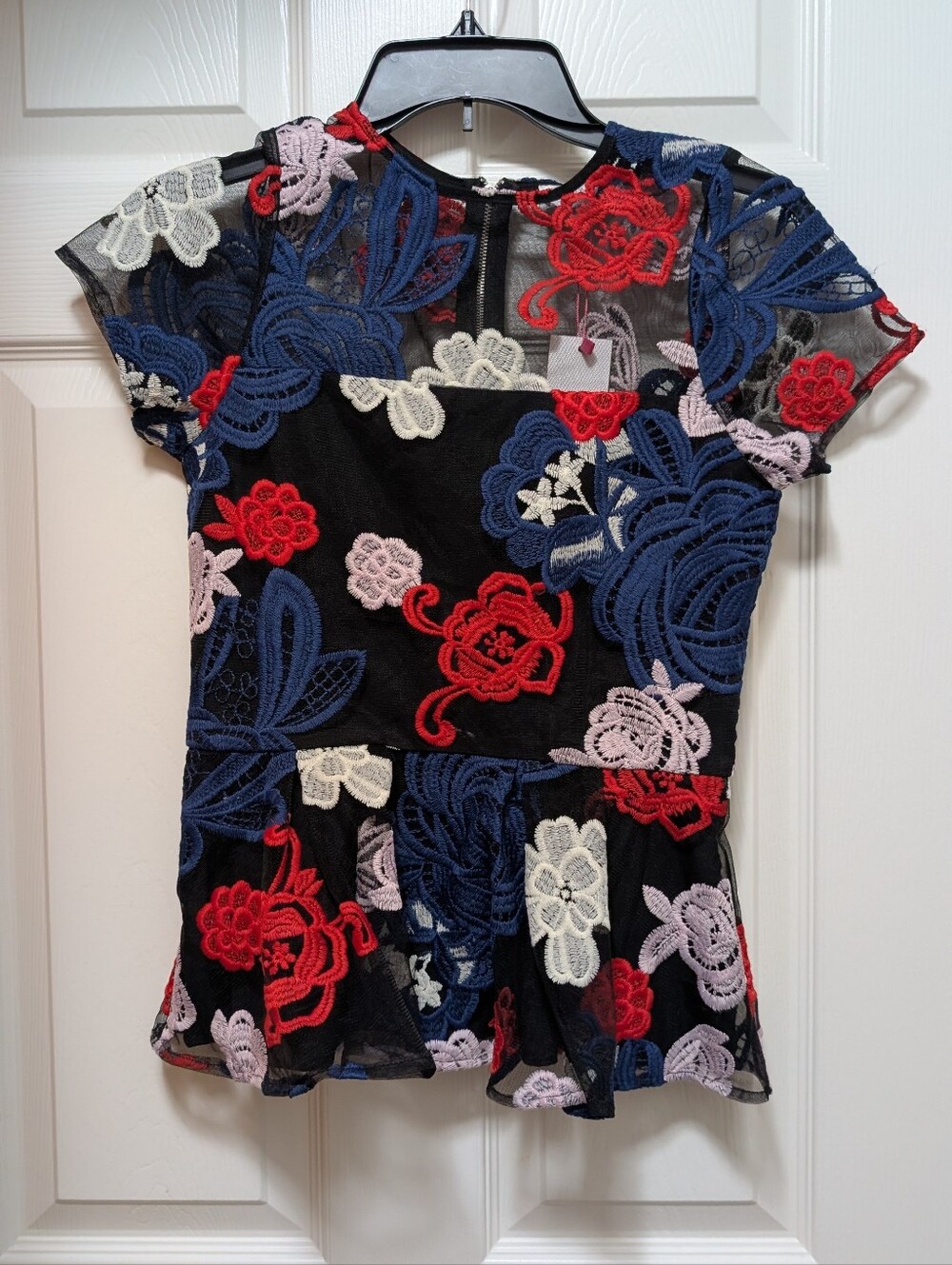 NWT Parker Mesh Floral Embroidered Peplum Top Size XS Black Red Blue White